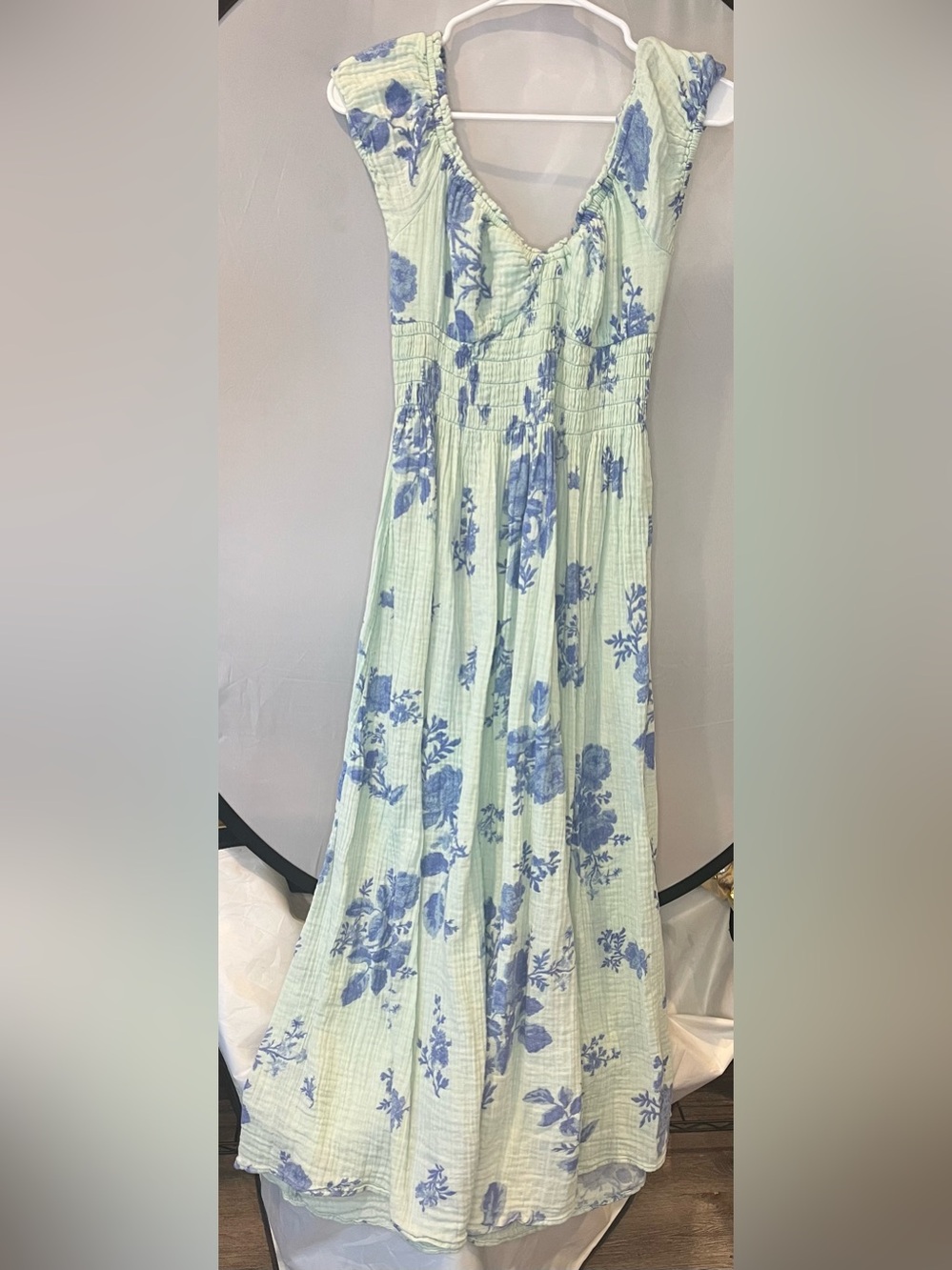 Free People Mint Maxi Skirt with Blue Floral Print